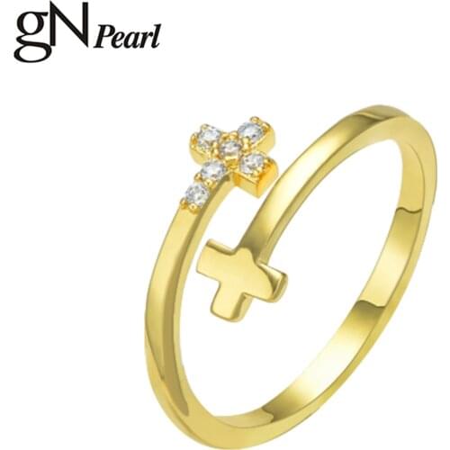 GN Pearl Cross Opening Adjustable Rings Zircon Jewelry Ornaments For Women Girls Gift Simple Style Gold Color