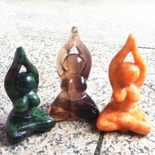 Ruby Zoisite Crystal Goddess Natural Fluorite Quartz Statue Carved Woman Yoga Sun Stone Gem Body Sculpture Energy Healing 1pcs