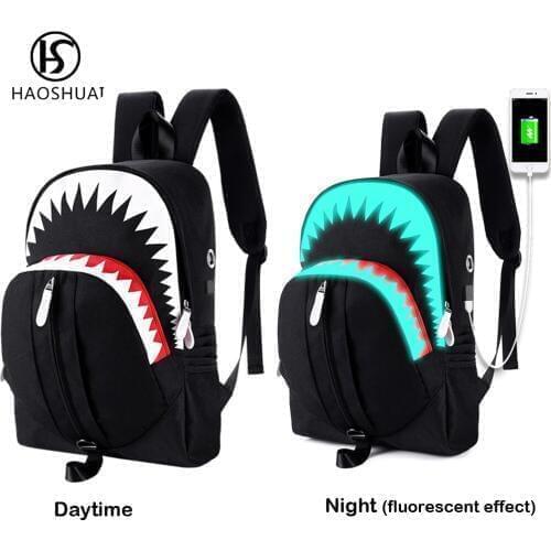 External Usb Charge Backpack Travel Bags Fluorescent Backpack Shark School Backpack Night Lighting Bags New Pack