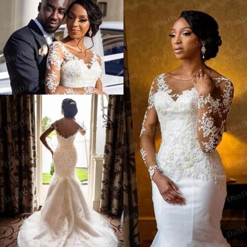 Vestido de noiva African Mermaid Wedding Dresses Appliques Long Sleeves Illusion Top Wedding Dresses Bridal Gowns