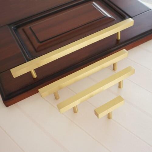 T Bar Solid Brass Furniture knobs and Handles Gold Square Cabinet Handle Drawer Pull Cuboid Knobs Pulls for Wardrobe Closet Door