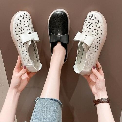 Summer Fashion Hot Sale Set Foot Bow Single Shoes Solid Color Hollow Breathable Soft Sole Comfortable Ladies Casual Shoes