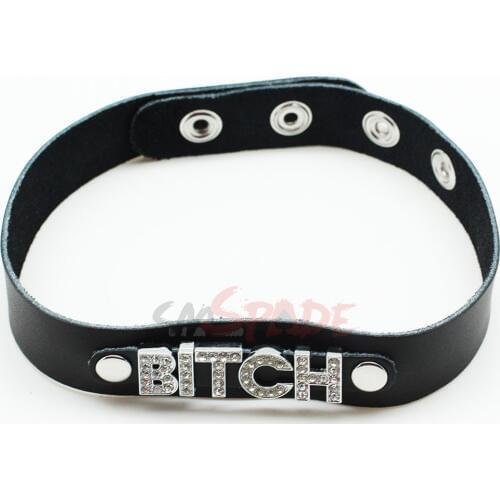BITCH Genuine leather collar Includes diamond decorating word sex restraint collar adult cosplay sex toy free shipping