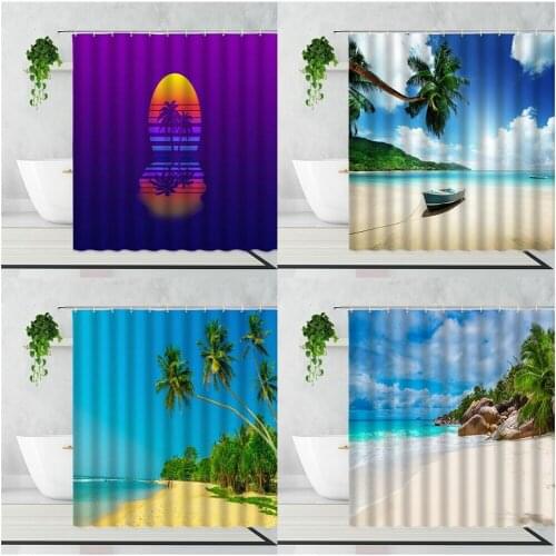 Palm Tree Beach Scenery Shower Curtain Purple Moon Shadow Plant Home Decoration Background Wall Cloth Waterproof Bath Curtains