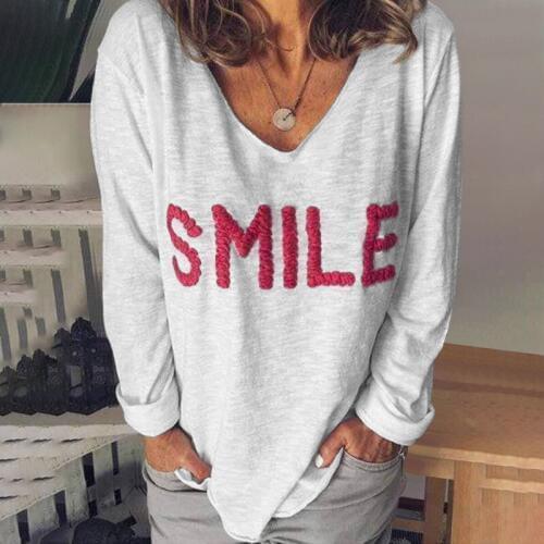 Long sleeve shirt women v-neck cotton loos baggy plus size black White letter embroidery tshirt female clothes