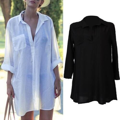 Ladies Sheer Long Sleeve Blouse Casual Oversize Kaftan Sarong Shirt Beach Wear Bikini Swimsuit Cover Up Tops S-XL
