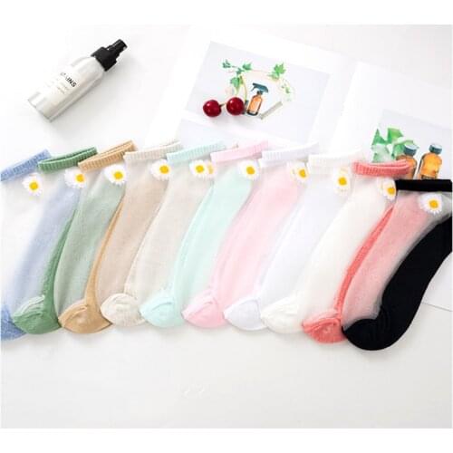 Women Socks for summer Ultra-thin Transparent Cass Glass fiber Silk Socks Fashion daisy Flower Japan Ankle Socks
