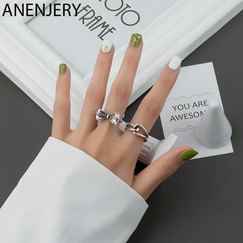 ANENJERY 925 Sterling Silver Bowknot Rings For Women Girl Irregular Lines Cross Open Rings Wholesale