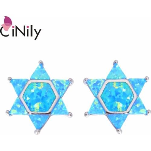 CiNily Created Blue Fire Opal Silver Plated Wholesale Lovely Star for Women Jewelry Wedding Party Stud Earrings 16mm OH3385