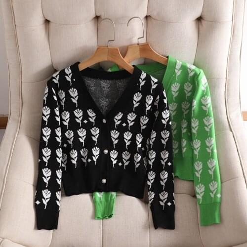 2021 New Autumn Cardigan Women Floral Pattern Knitted Cardigan V-neck Long Sleeve Crop Tops Fashion Printed Spring Green/ Black
