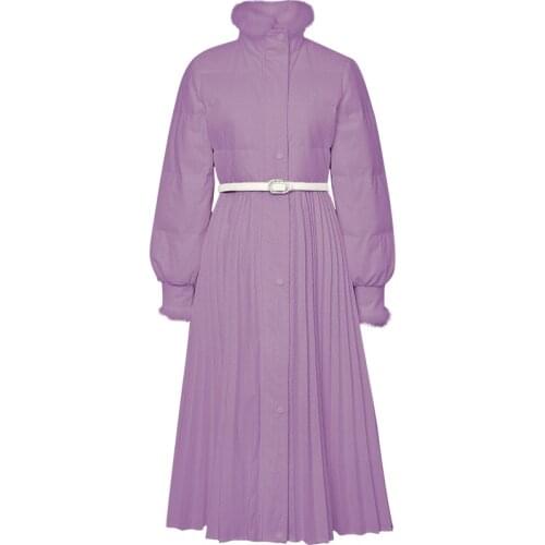 Elegant vintage slim waist down jacket women with pleated large swing lantern sleeves slim white duck down coat