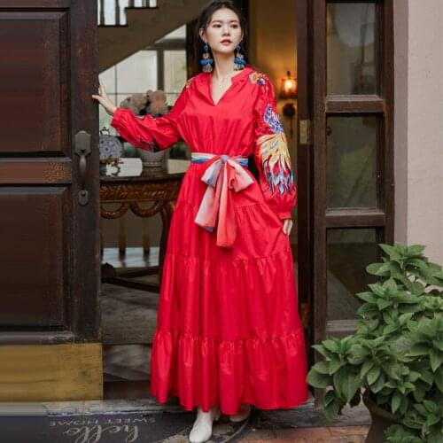 High Quality Design Runway Female Elegant Luxury Embroidery Women Dress Lantern Sleeve High Waist Casual Maxi Long Dresses