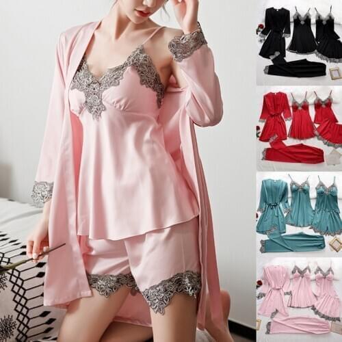5pcs/set Silk Robe Sleep Suit Womens Lace Satin Pajamas Gown Set V-Neck Cami Nighties Wear Pijama Home Nightwear Nightdress