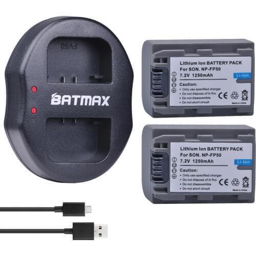 Batmax 2Pcs 1250mAh NP-FP50 NPFP50 Battery+ USB Dual Charger for Sony NP-FH30 NP-FH40 NP-FH50 NP-FH60 NP-FH70 NP-FH90 NP-FP30