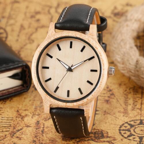 Men Watches Black Genuine Leather Wood Watch Natural Bamboo Wrist Watch Casual Sports Women Wristwatches Online Sale