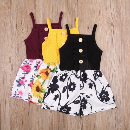 Kids' Flower Bodysuit, Sleeveless Printed Buttoned Patchwork Bodysuit Short Pants for Summer, Kids' Clothes 1-6T