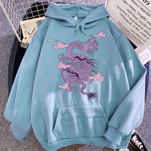 Dragon Print Harajuku Long Sleeve Hoodie Vintage Cartoons Anime Clothes for Women Korean Style Pullover Tops Japanese Streetwear