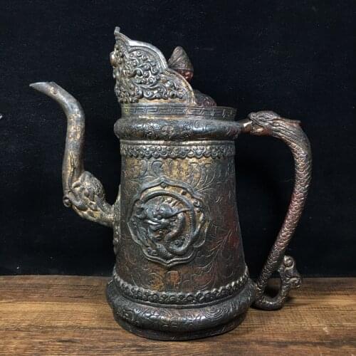 9"Chinese temple collection Old Bronze Cinnabar Lacquer Dragon statue Hidden pot teapot flagon Ornaments Town House