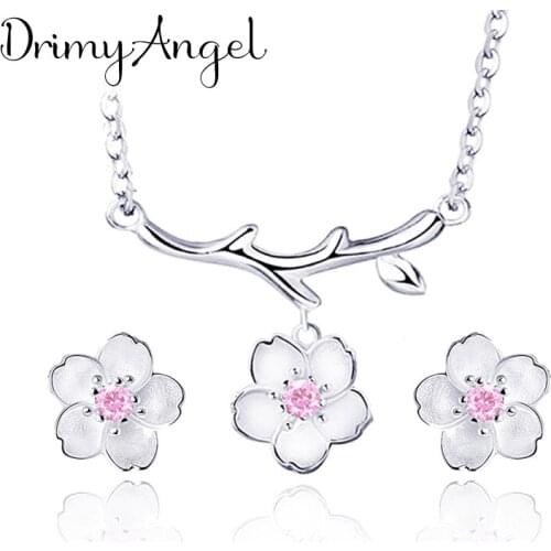 Korean Wedding Bridal Jewelry Sets Rhinestone Pink Cheery Flower Necklaces Earrings for Women Statement Jewelry 2021