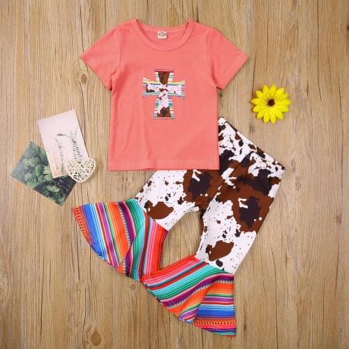 2Pcs Toddler Girls Summer Outfits, Short Sleeve Cross Print Tops + Flare Pants Set