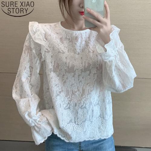 Fashion White Lace Blouse Women Embroidered Shirt Loose Korean Blouses Women O-neck Flare Long Sleeve Ladies Tops Shirt 11615