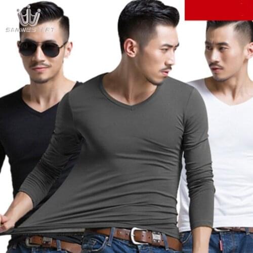 SAMWESTART Mens T-Shirt Autumn Winter Long Sleeve Fashion One-Neck Round Neckline Cotton Soild Color Casual Mens Top Shirt