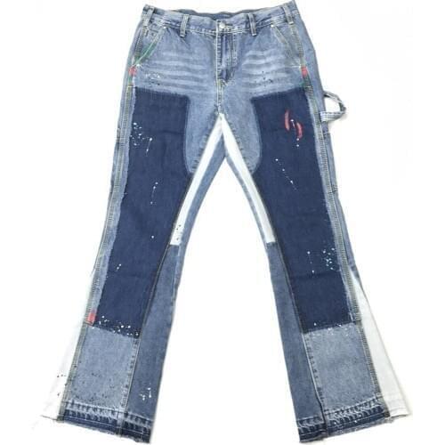 Blue Multicolor Paint Splatter Flared Jeans Men Deconstructed Patchwork Trousers Eight-Pocket Styling