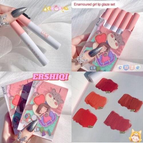 5PCS/Set Girly Girl Lip Glaze Set Box Matte Velvet Student Lip Gloss Lasting Lipsticks Waterproof Non-stick Cup Cosmetics TSLM1