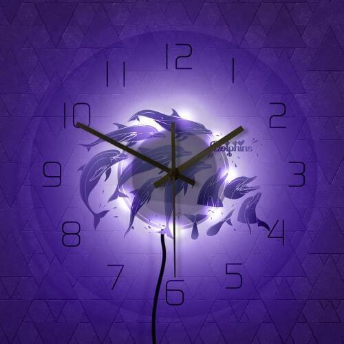 Dolphins Family Printed Acrylic Round Wall Clock With Backlight Nursery Decor Wall Art Sea Life Ocean Non ticking Wall Clock