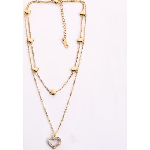 New Classical Gold Plated 316L Stainless Steel Double Chain Zirconia Heart Charms Necklaces For Women Girls Trendy Jewelry Gift