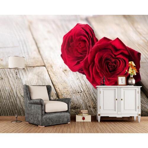 Papel de parede Roses Wood planks Two Red flowers wallpaper,living room bedroom TV background kitchen wall papers home decor