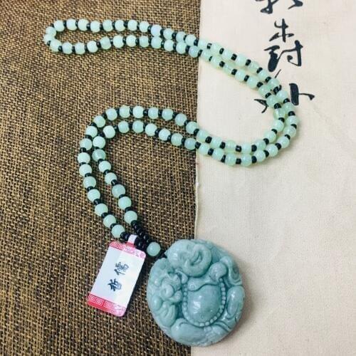 Zheru Pure natural Jadeite carved light green unicorn laughing Buddha pendant with green bead necklace sweater chain Send certif