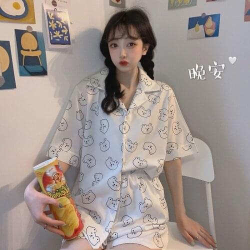 QWEEK Korean Style Bear Print Pyjamas Women Clothing Sets Summer Plus Size Pajamas for Teen Girls kawaii pijamas sleepwear