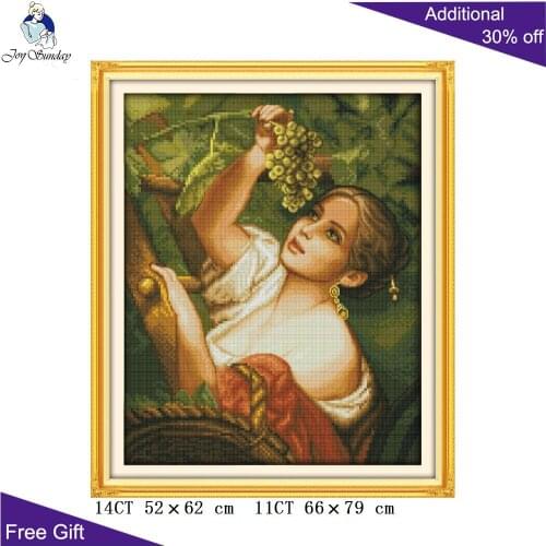 Joy Sunday Free Shipping Counted and Stamped The Plucking Grapes Girl Embroidery Cross Stitch kits for Home Decoration R356
