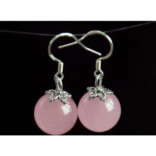 Natural Pink Chalcedony Hand Carved Round Bead Earrings Fashion Jewelry Womens Pink Crystal Earrings