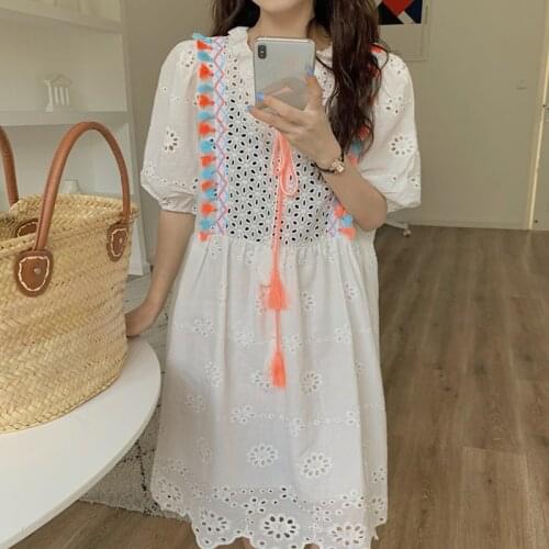 Korean Chic Ethnic Style V-Neck Lace Hollow Crochet Color Tassel Stitching Design Loose Short-sleeved Dress