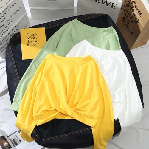 2020 spring autumn women patchwork blouse O-neck long sleeve knotted navel short blouses WX16