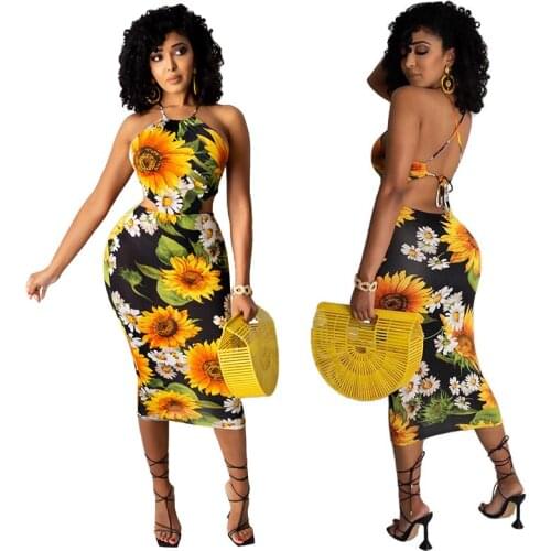 Bodycon Dress Wholesale Items Fashion Neck-mounted Lace Up Sexy Backless Print Streetwear Casual Style Dress Women Dropshipping