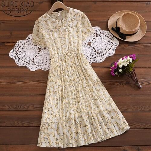 Women Pleated Dress Preppy Style Fashion 2021 Summer Sweet Chiffon Floral Print High Waist Short Sleeve Party Midi Dress 9859