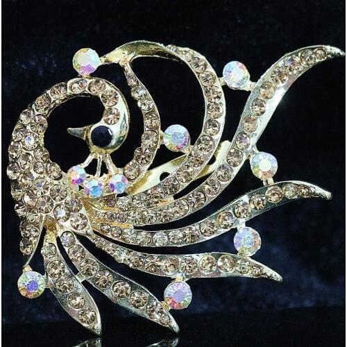 Hot Colorful peacock 59*77mm brooch for women Austrian crystal wedding party new popular gold-color pins animal jewelry B1221