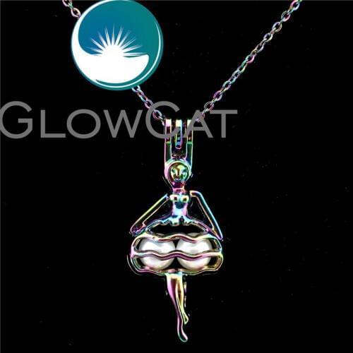 C541 Rainbow Color Ballet Dancer Beads Cage Pendant Essential Oil Diffuser Aroma Pearl Cage Locket Necklace Kids Girl Gift