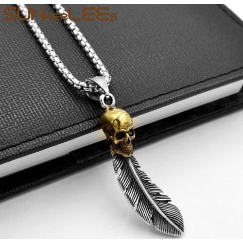 SUNNERLEES 316L Stainless Steel Pendant Necklace Punk Gold Color Skull Silver Color Feather Link Chain Men Women Gift SP70