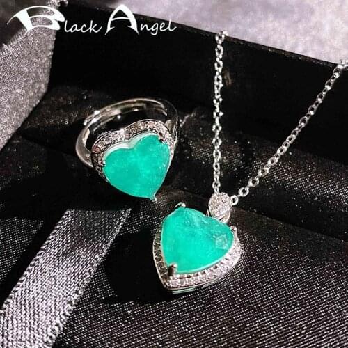 BLACK ANGEL Luxury 925 Sterling Silver Wedding Jewelry Set Paraiba Tourmaline Gemstone Heart Pendant CZ Necklace Resizable Ring