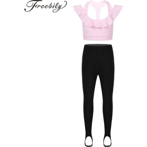Girls Fitness Sportswear Workout Yoga Suits Gym Sport Outfit Ruffled Straps Open Back Sports Tops Gym Leggings Tights Activewear