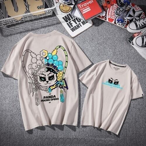 Harajuku Cute Panda Beijing Opera Cartoon Print t-Shirt Chinese Style Oversized Loose Streetwear Hip Hop Casual Cotton Man Top