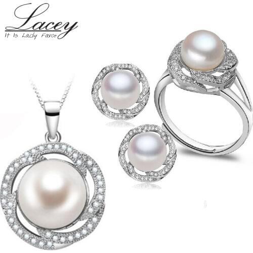 Classic freshwater pearl jewelry sets women, real natural pearl sets jewelry 925 silver mother trendy pendant ring earring