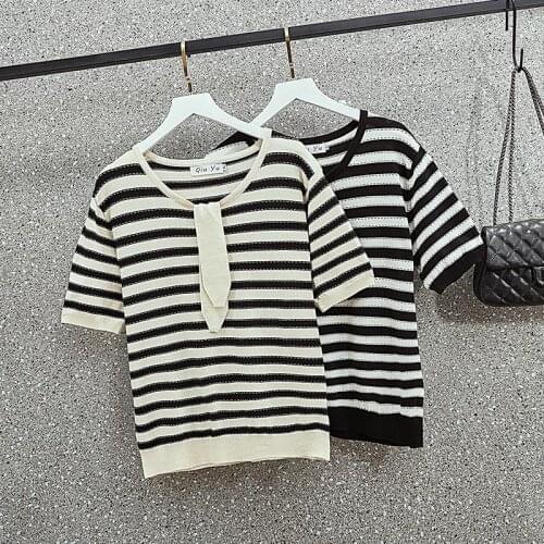 L-3XL plus size women Summer Stripe kint sweater pullover loose casual short sleeve o neck thin Oversized sweaters female jumper