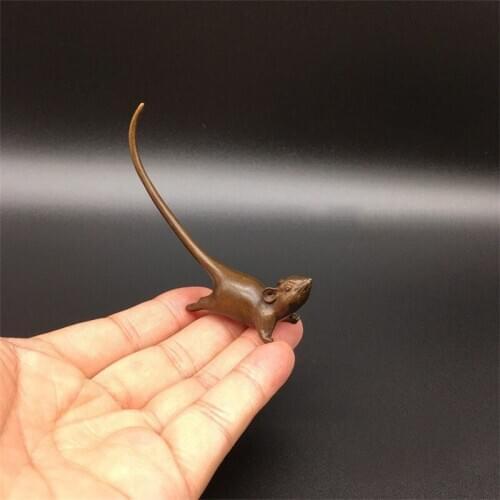 Mini Cute Vintage Brass Solid Long Tail Mouse Statue Incense Sculpture Home Office Desk Decoration Ornament Tea Toy Gift
