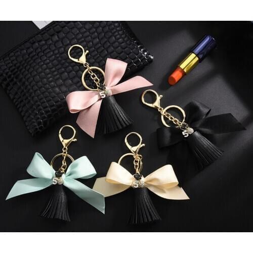 New bow Pu short tassel key chain 5-word listing leather tassel pendant cross border goods source