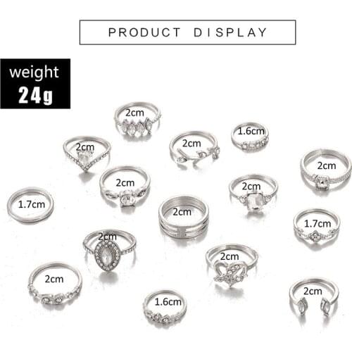 15 Pieces/set Fashion Simple Geometric Leaf Inlaid Rhinestone Punk Bohemian Ladies Ring Wedding Party Jewelry Accessories Bague